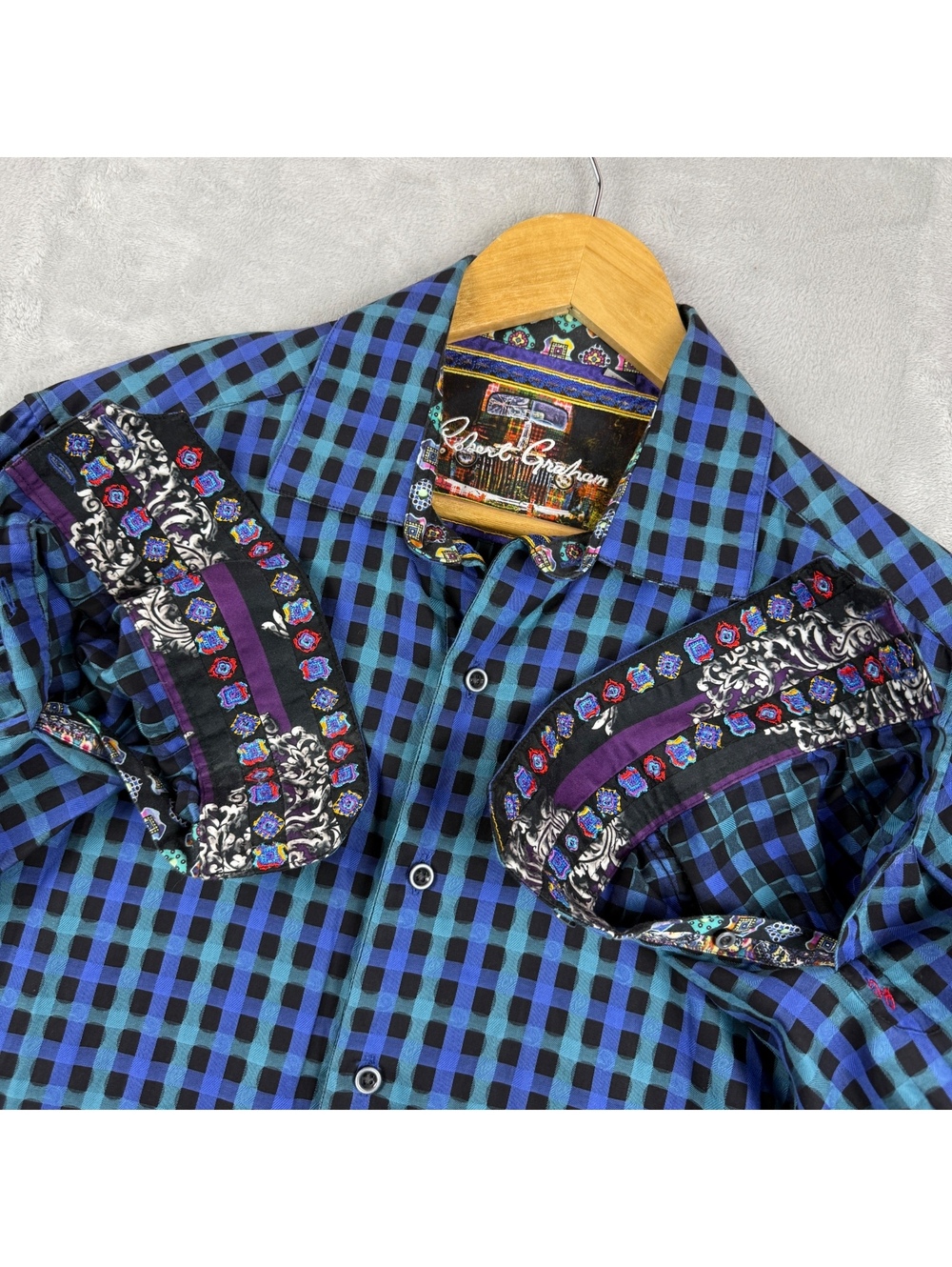 Robert Graham Shirt Mens M Blue Check Long Sleeve Flip Cuff Contrast Print Prep